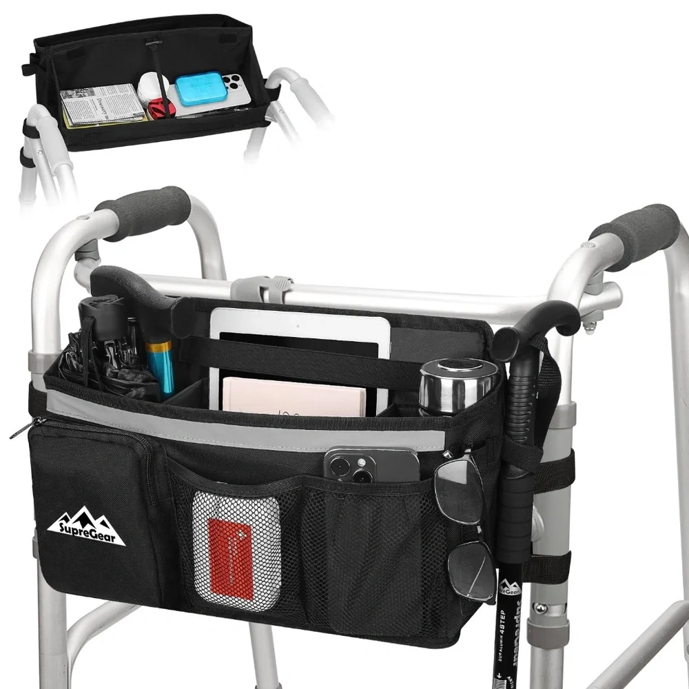 Walker Basket Universal Foldable Walker Bag with Tray and Cup Holder w/Storage